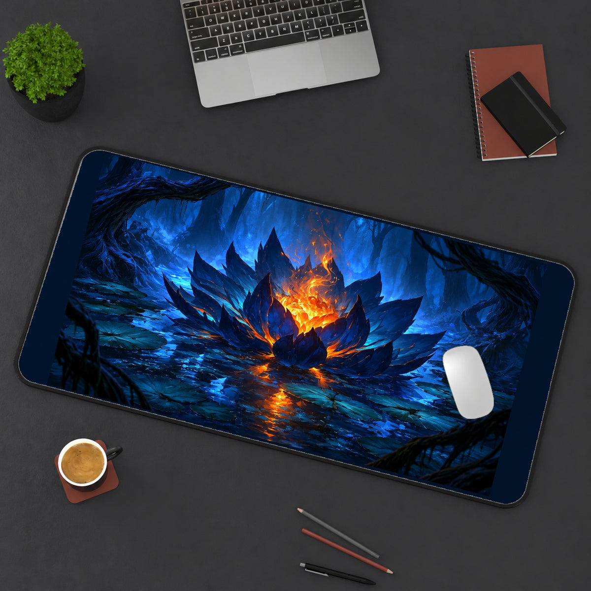 Blue Lotus with a Fiery Center desk mat — product mockup 3