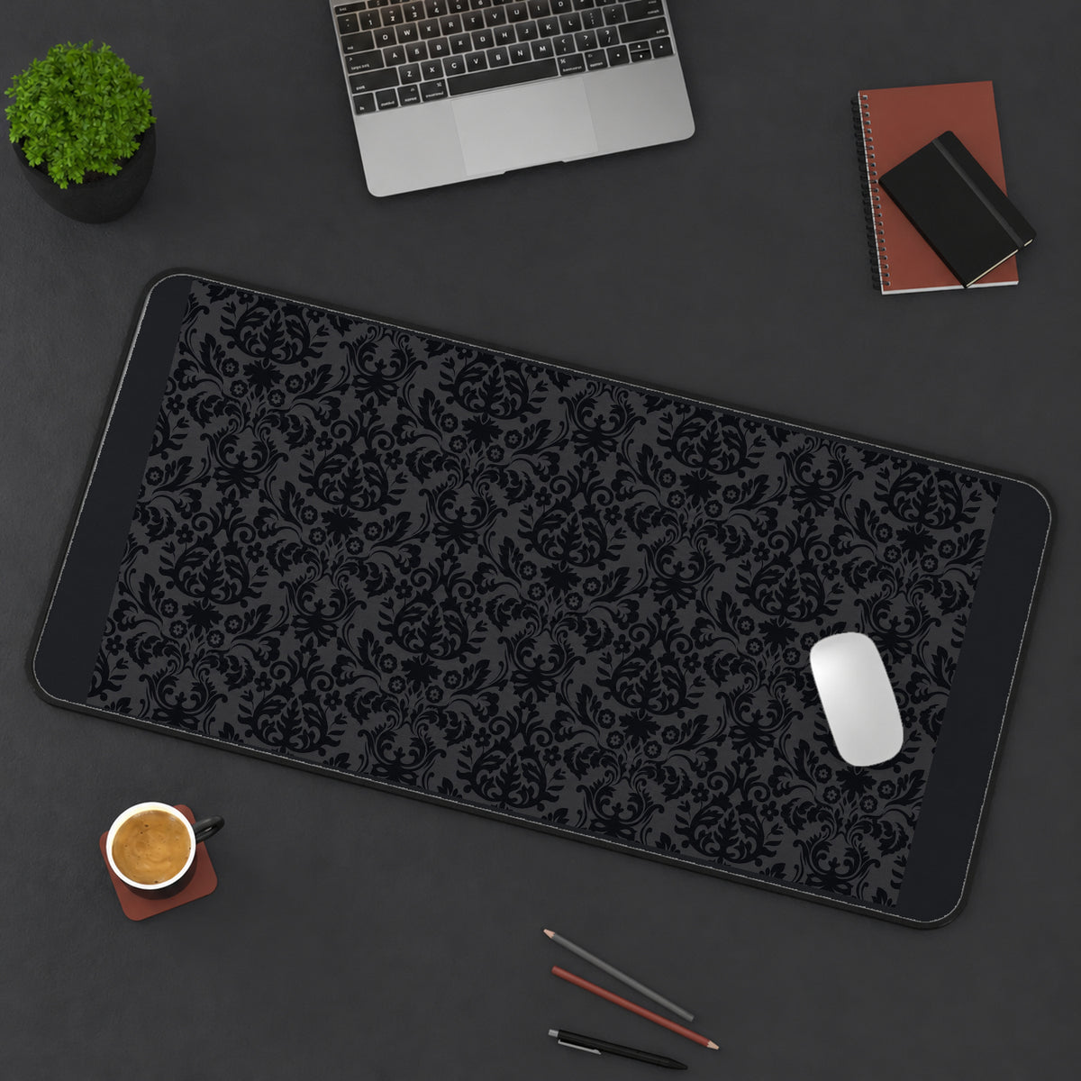 Black on Charcoal Damask desk mat — product mockup 3