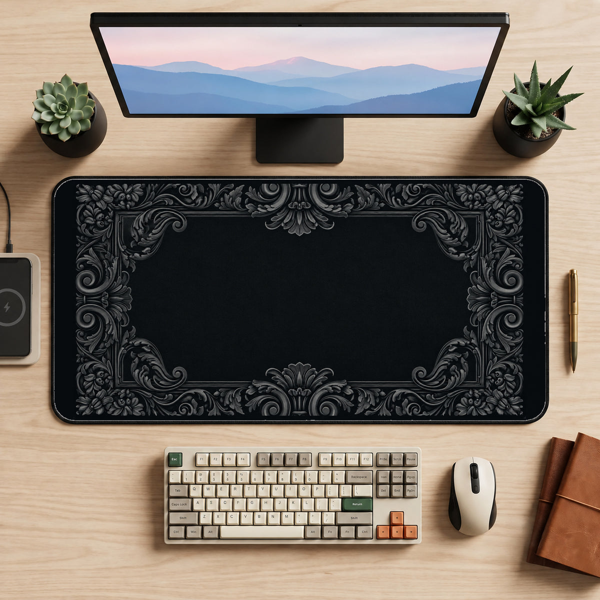 Black Ornate Baroque Border desk mat — product mockup 2