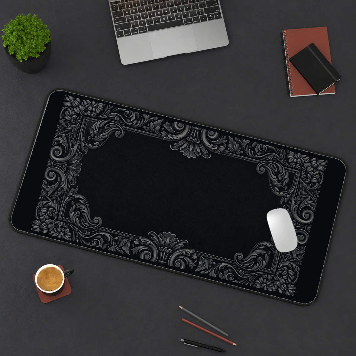 Black Ornate Baroque Border desk mat — product mockup 3