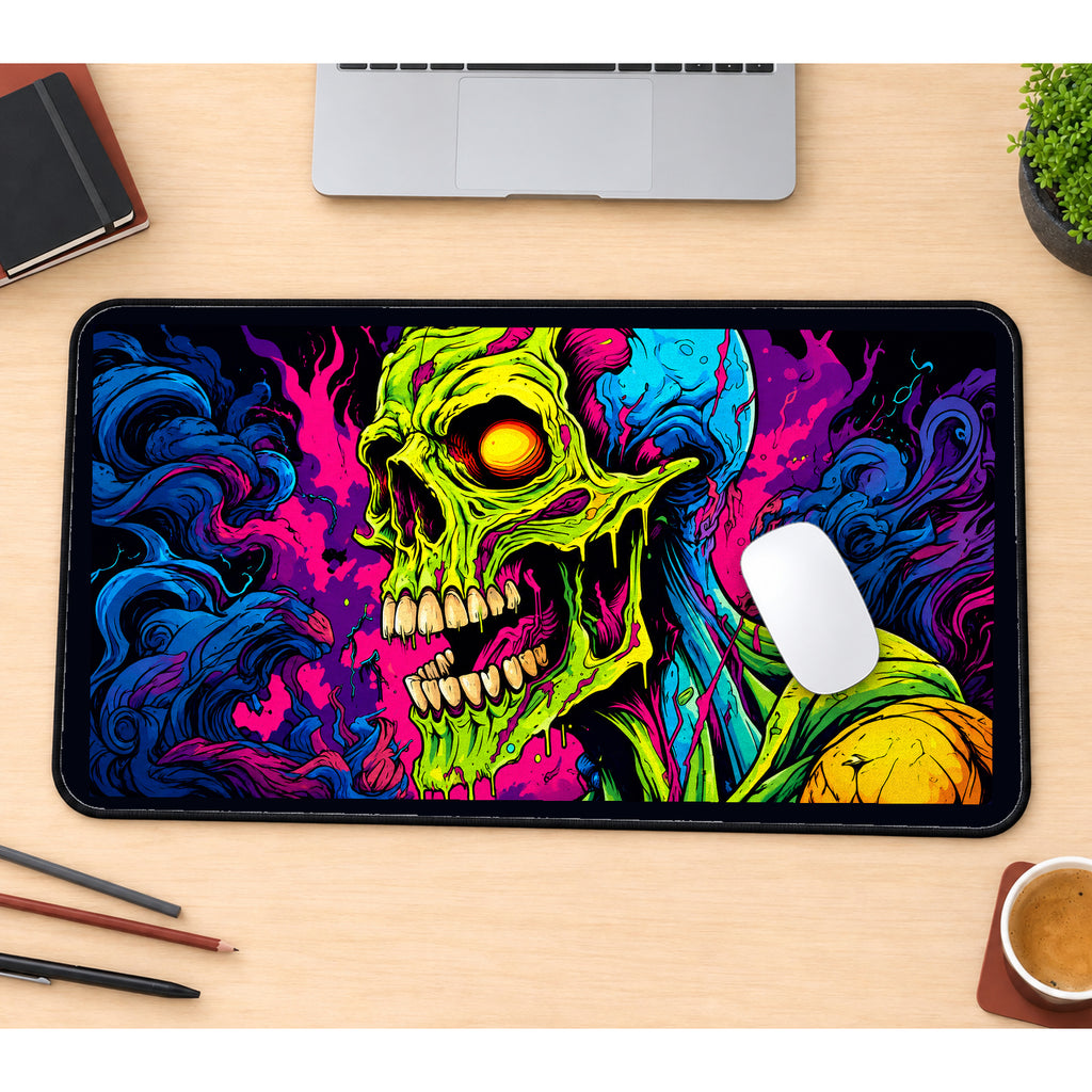 Neon Zombie Skull in Color Smoke desk mat — product mockup 1