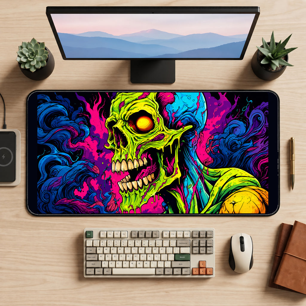 Neon Zombie Skull in Color Smoke desk mat — product mockup 2