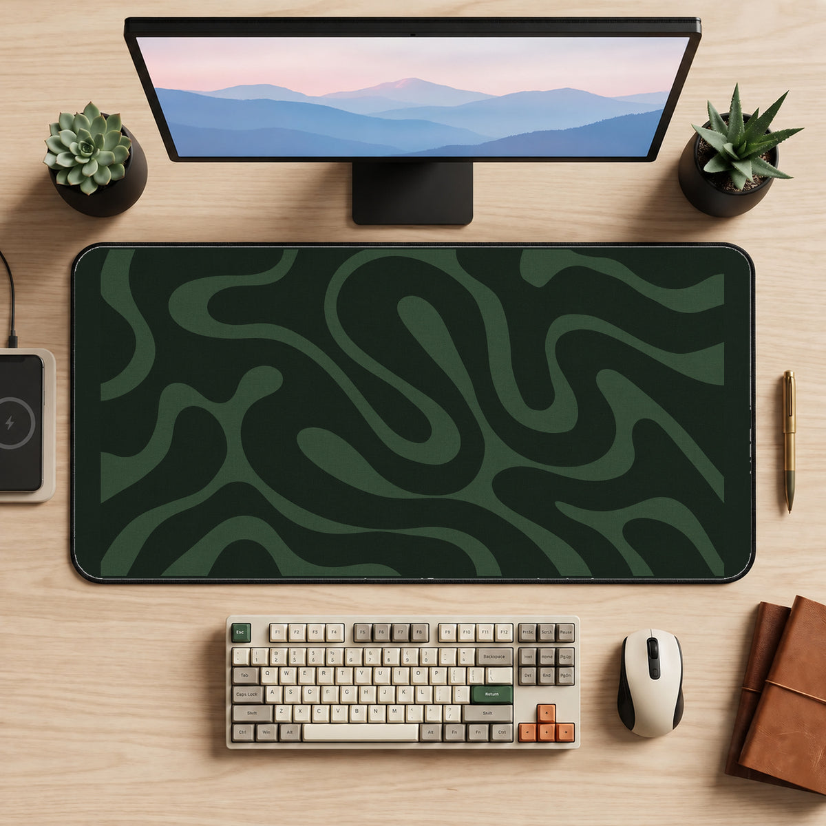 Soft Green Winding Lines desk mat — product mockup 2