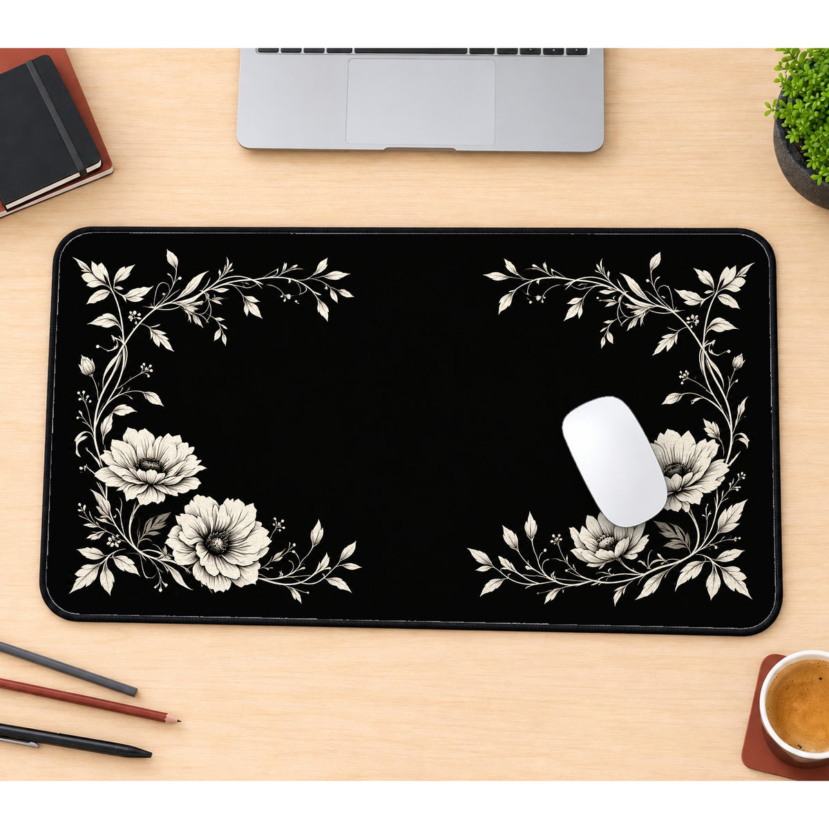 Ivory Flowers around a Black Center desk mat — product mockup 1