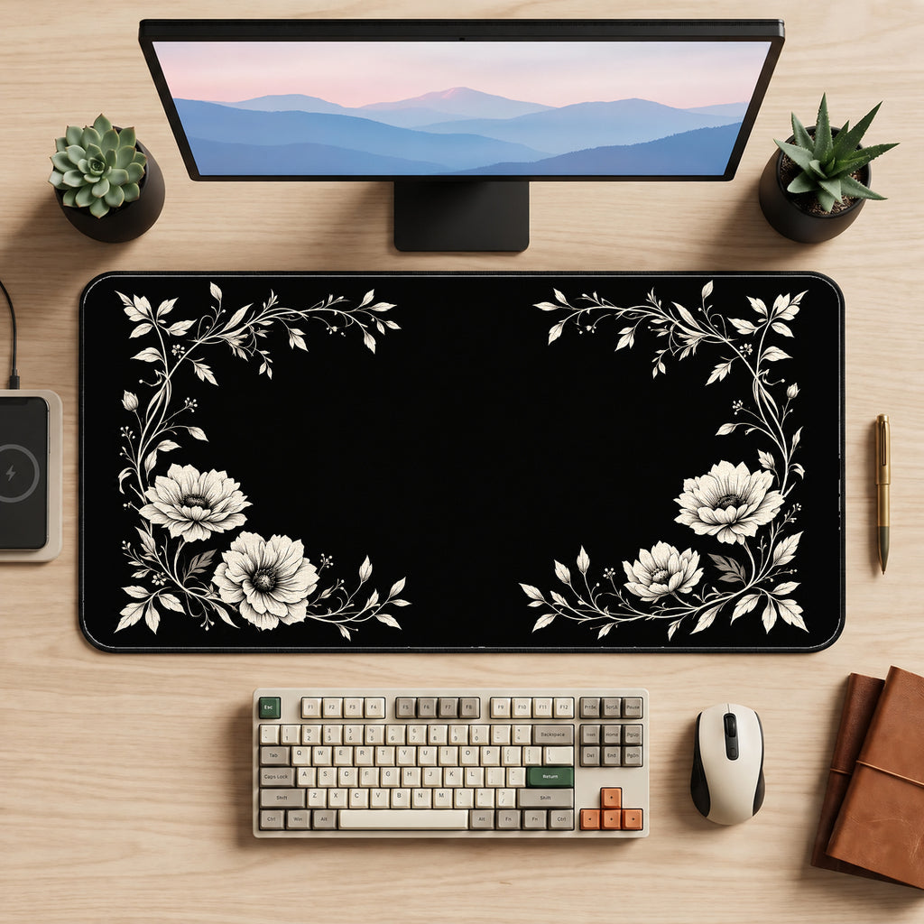 Ivory Flowers around a Black Center desk mat — product mockup 2