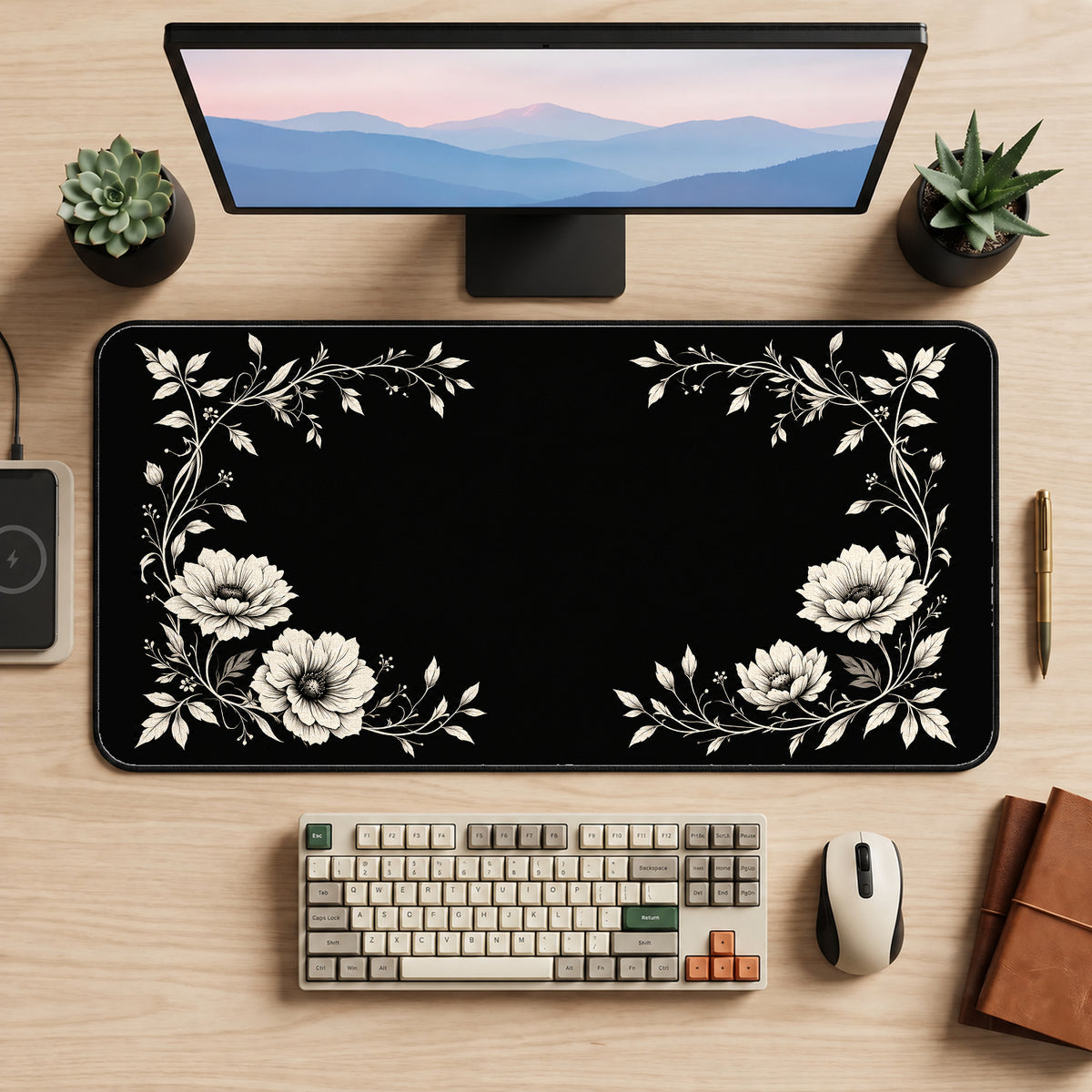 Ivory Flowers around a Black Center desk mat — product mockup 2