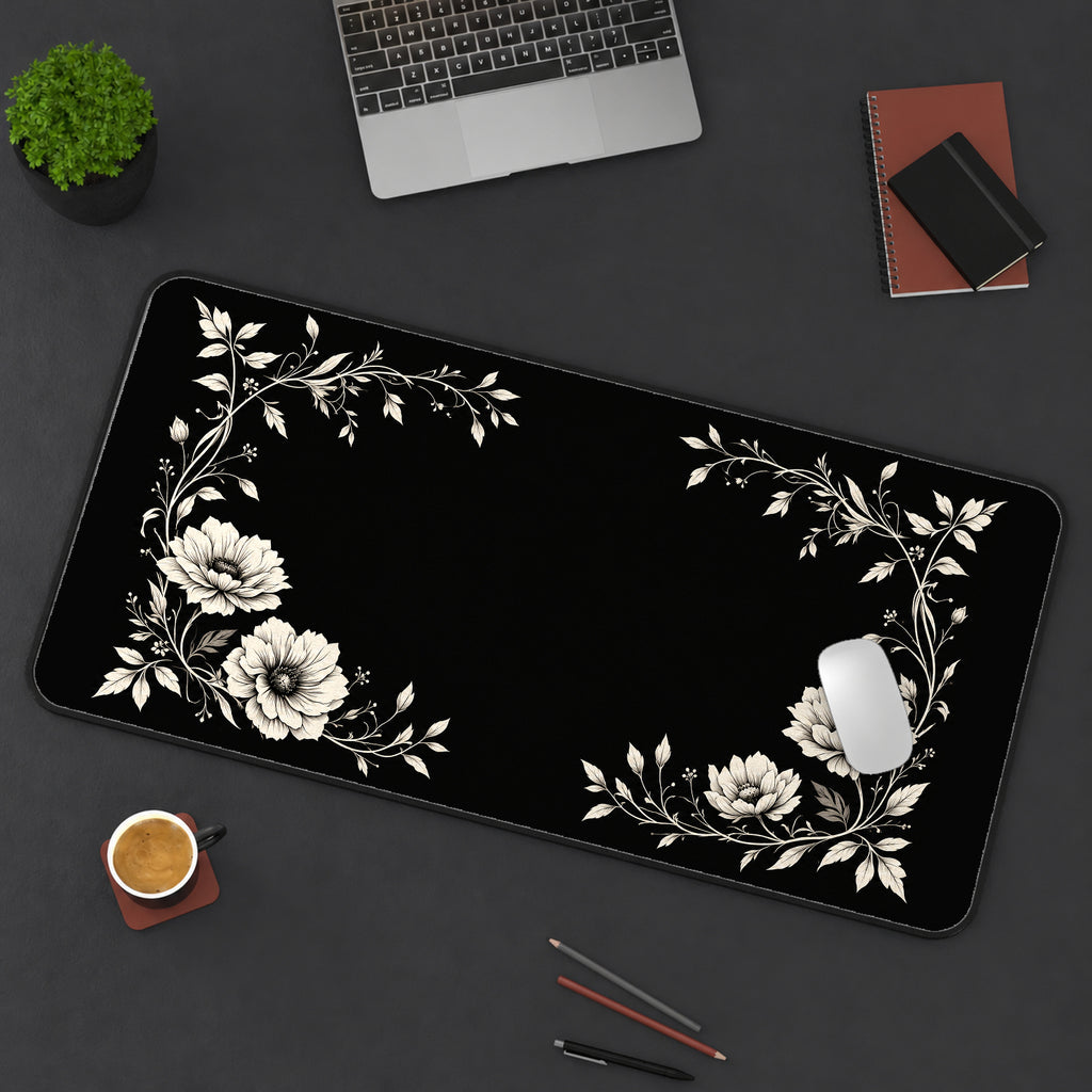 Ivory Flowers around a Black Center desk mat — product mockup 3