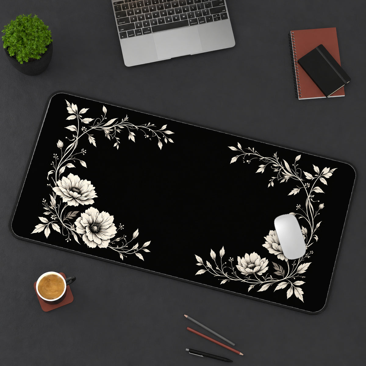 Ivory Flowers around a Black Center desk mat — product mockup 3