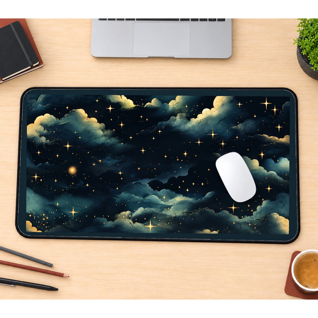 Golden Stars above Dark Clouds desk mat — product mockup 1