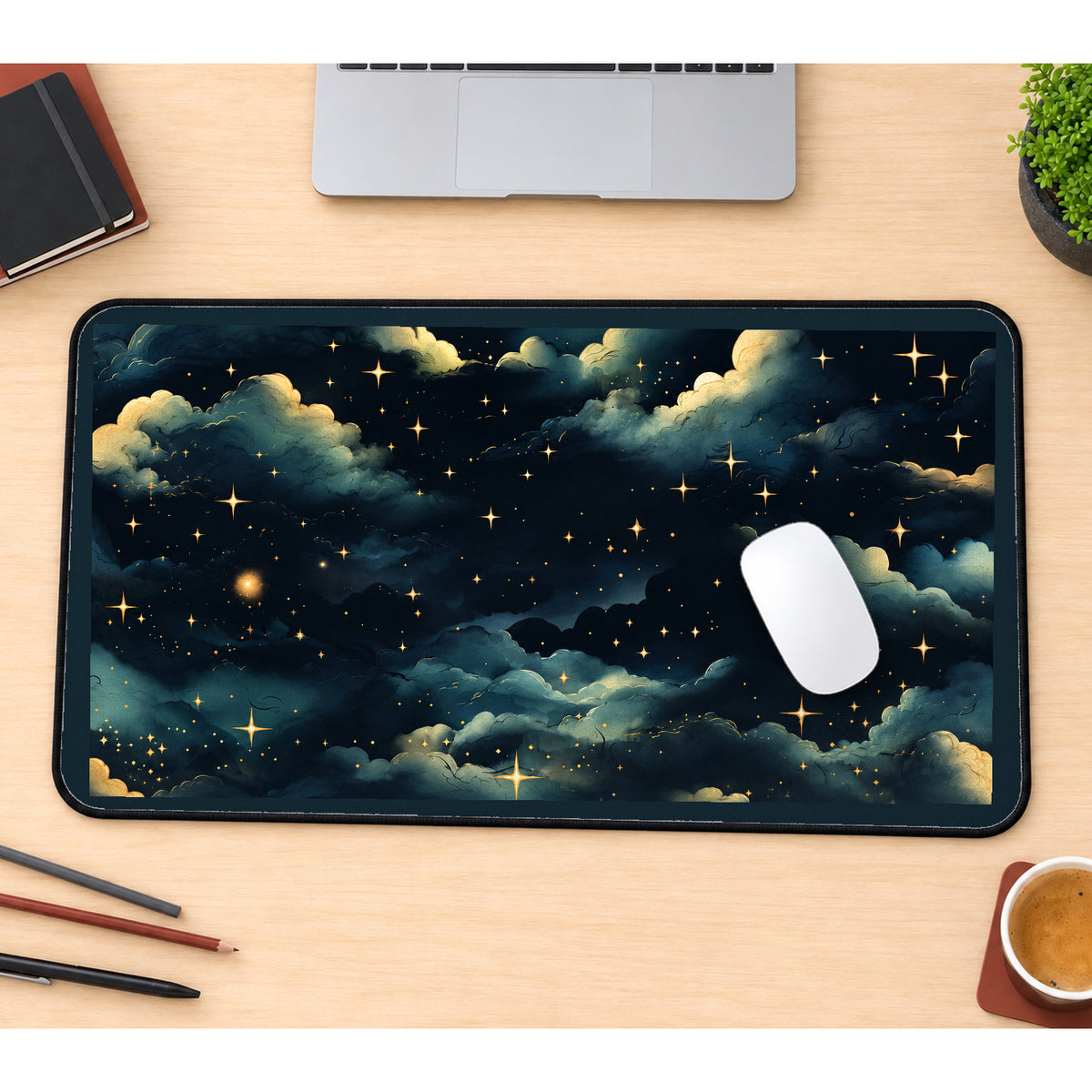 Golden Stars above Dark Clouds desk mat — product mockup 1