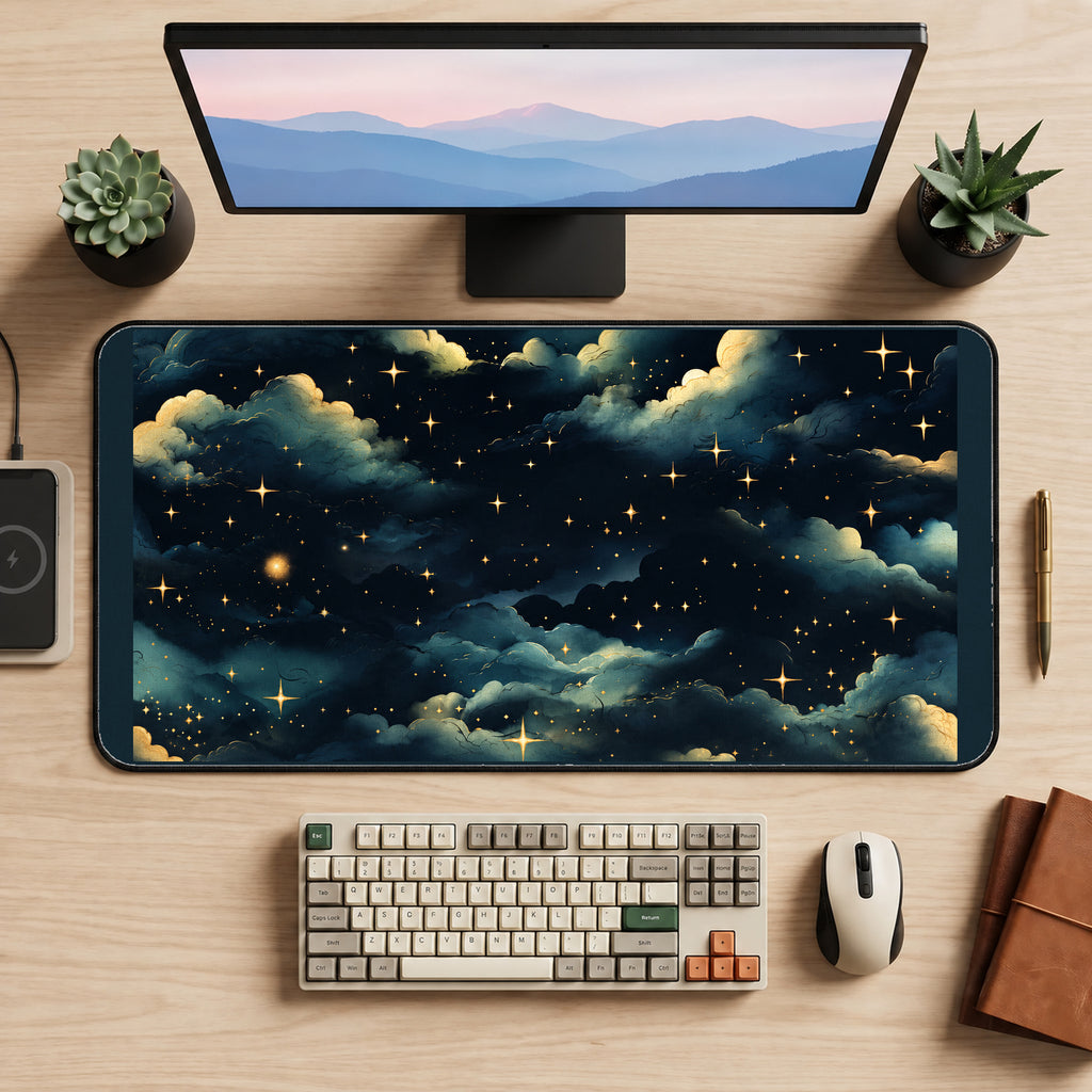 Golden Stars above Dark Clouds desk mat — product mockup 2