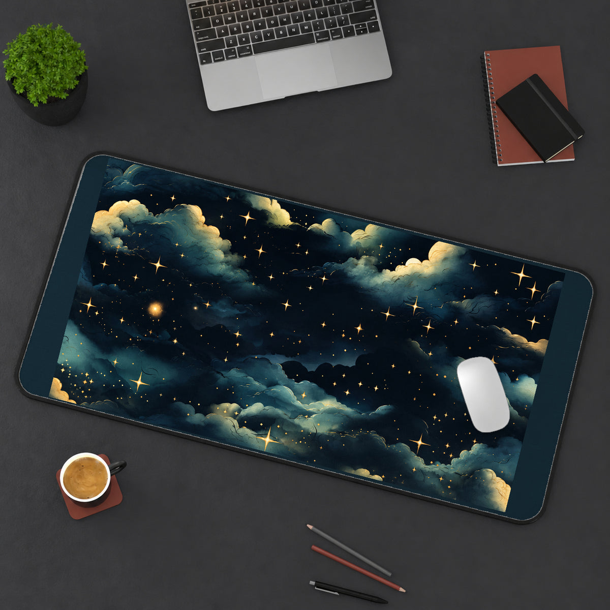 Golden Stars above Dark Clouds desk mat — product mockup 3