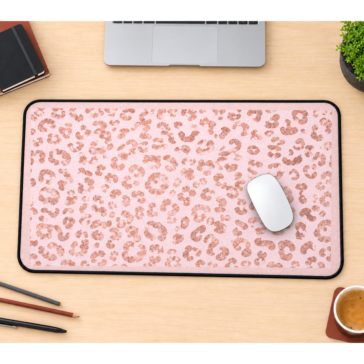 Blush Pink Leopard Spots desk mat — product mockup 1