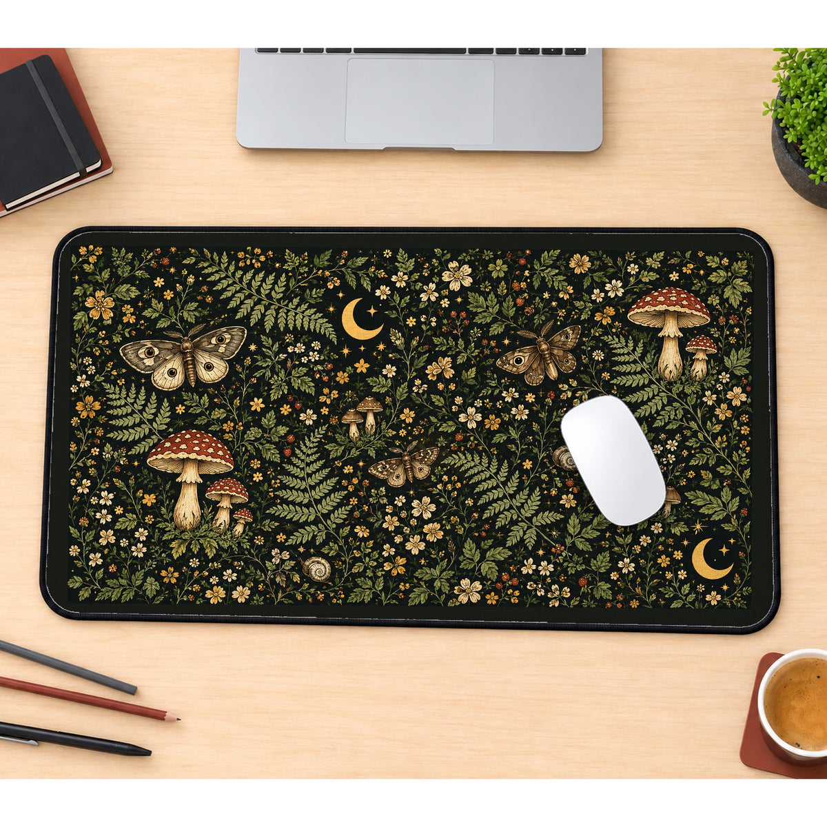 Mushrooms Moths and Crescent Moons desk mat — product mockup 1
