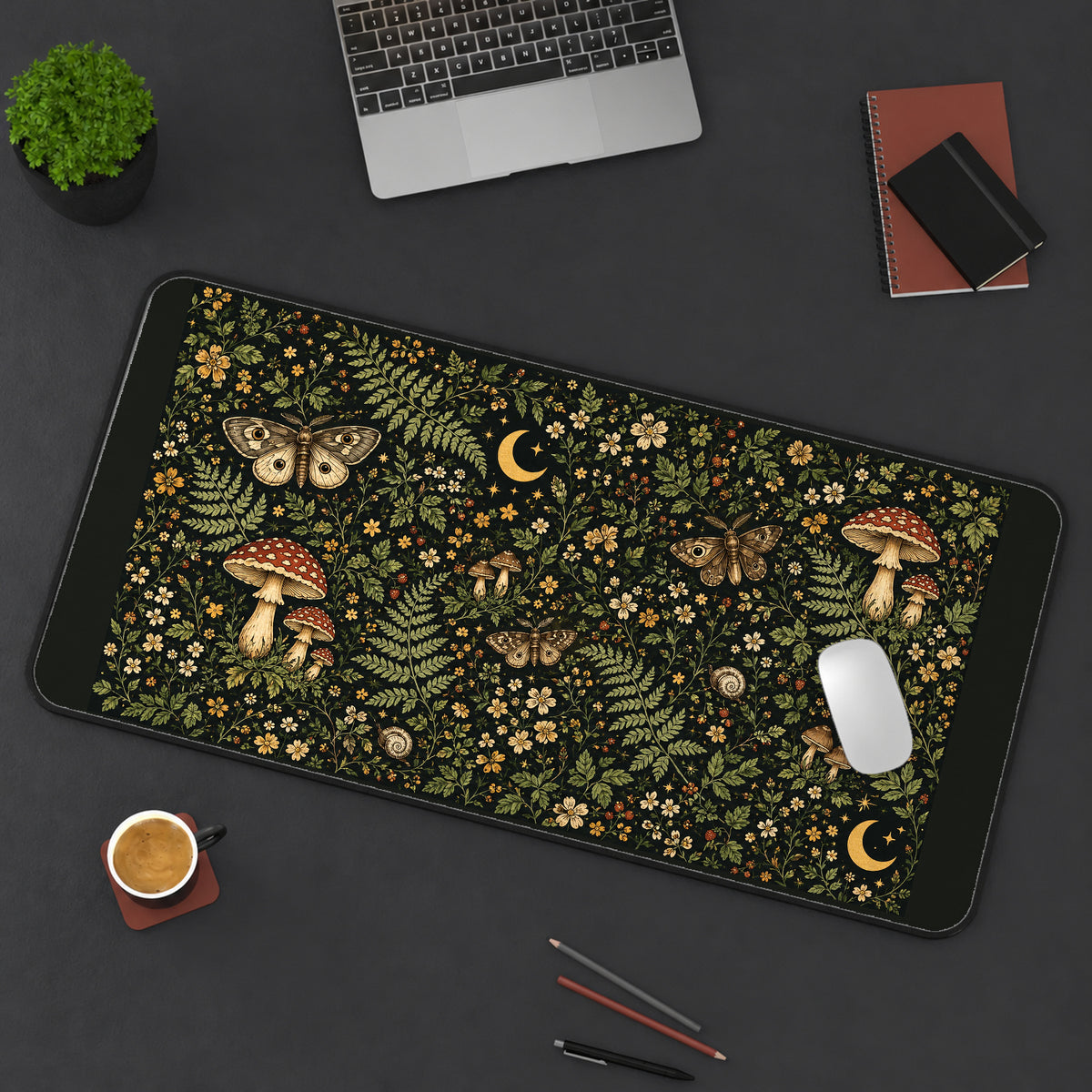 Mushrooms Moths and Crescent Moons desk mat — product mockup 3