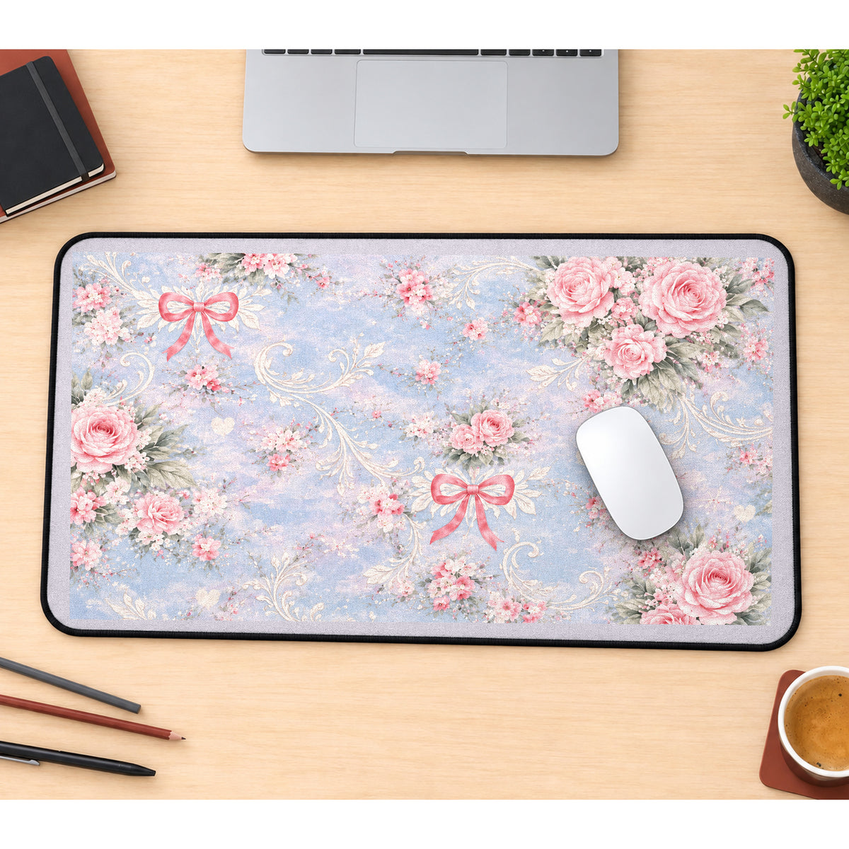 Pink Roses and Bows on Pale Blue desk mat — product mockup 1
