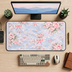 Pink Roses and Bows on Pale Blue desk mat — product mockup 2
