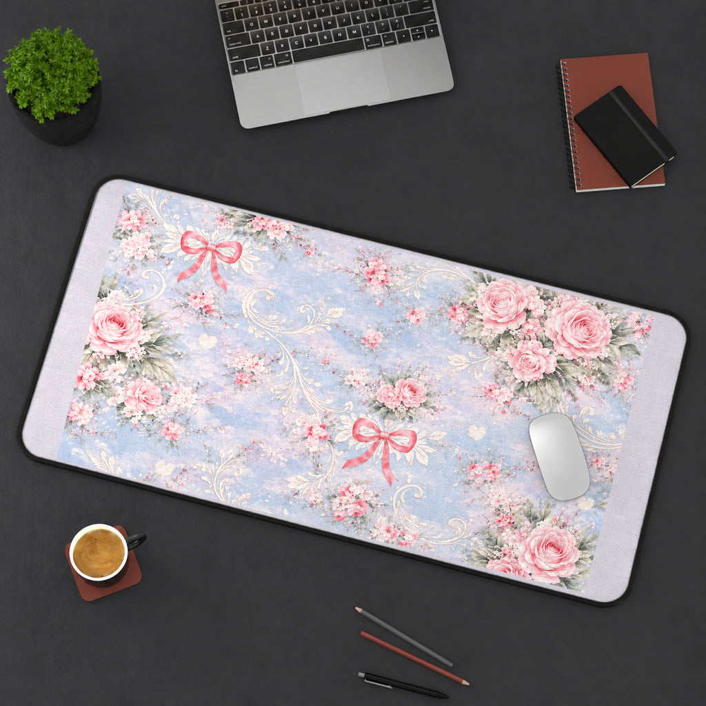 Pink Roses and Bows on Pale Blue desk mat — product mockup 3