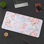 Pink Roses and Bows on Pale Blue desk mat — product mockup 3
