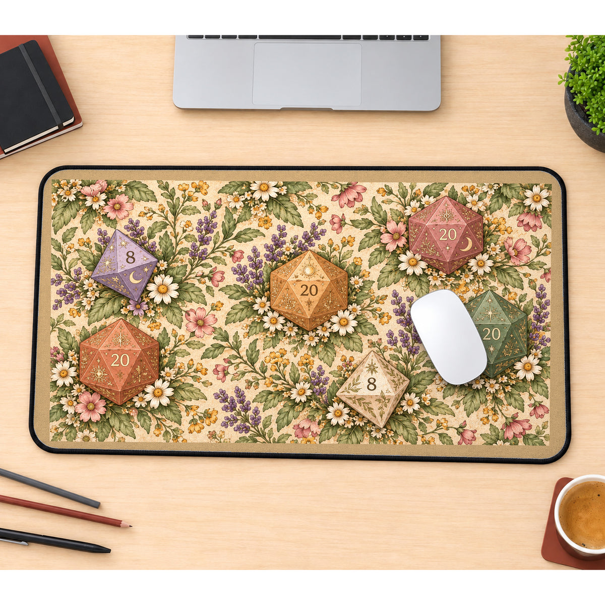 Flower Garden and Polyhedral Dice desk mat — product mockup 1
