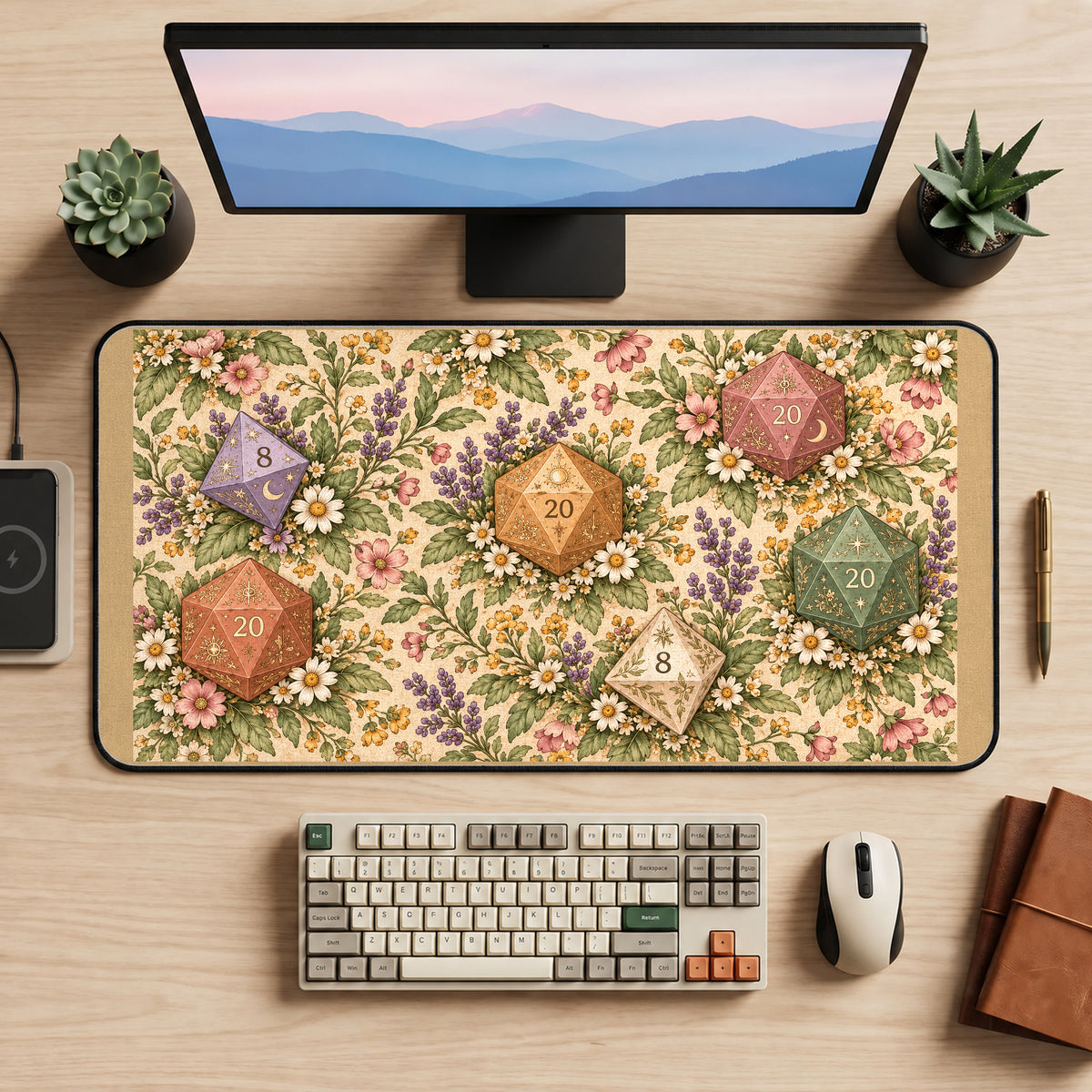 Flower Garden and Polyhedral Dice desk mat — product mockup 2