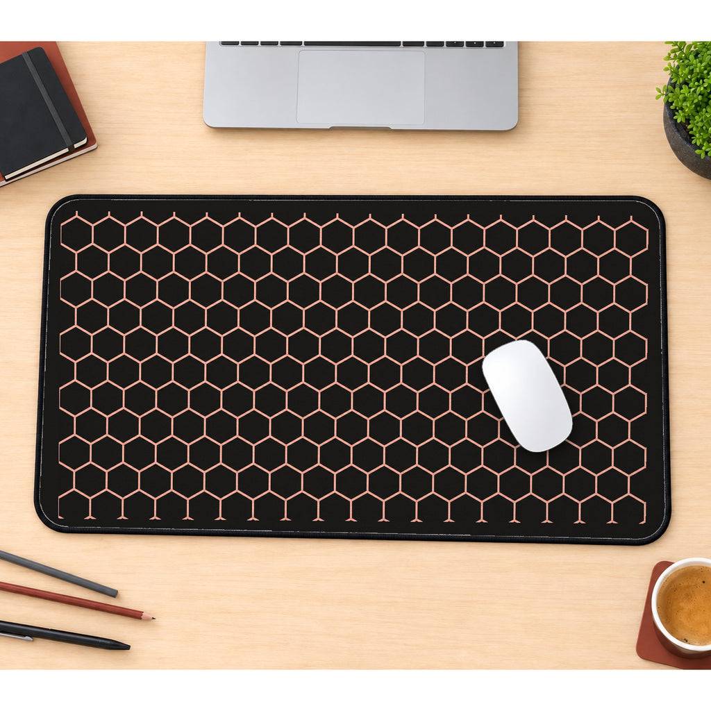 Rose Gold Honeycomb on Black desk mat — product mockup 1