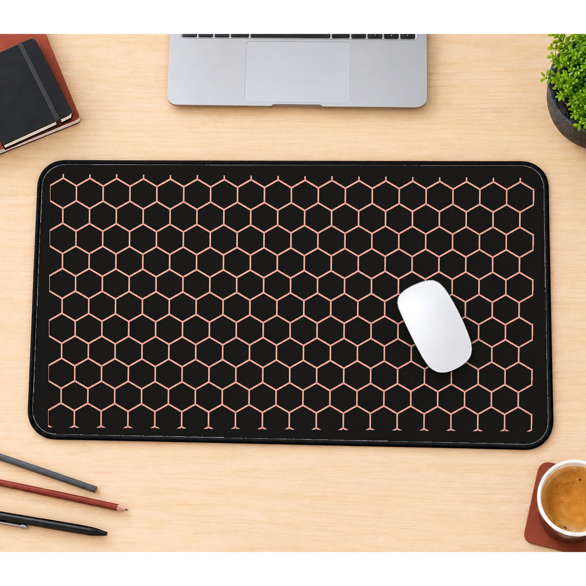 Rose Gold Honeycomb on Black desk mat — product mockup 1