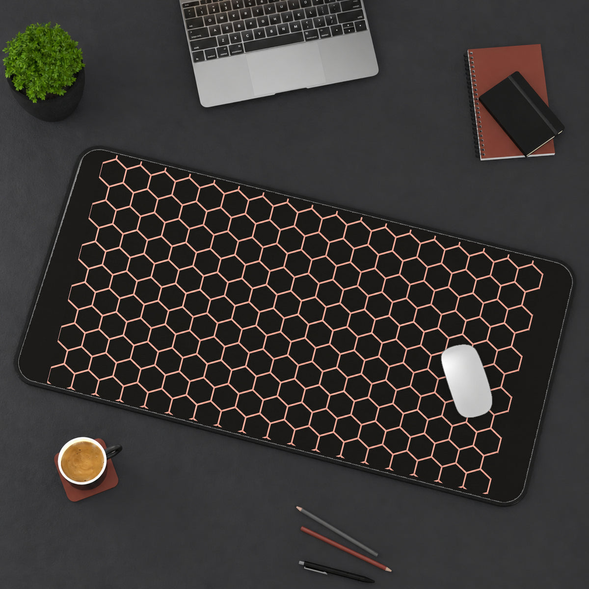 Rose Gold Honeycomb on Black desk mat — product mockup 3