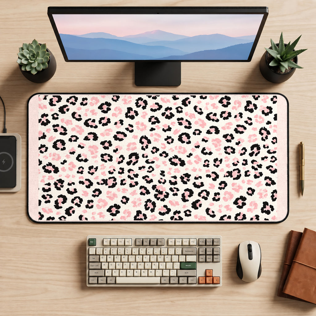 Pink and Black Leopard Spots desk mat — product mockup 2