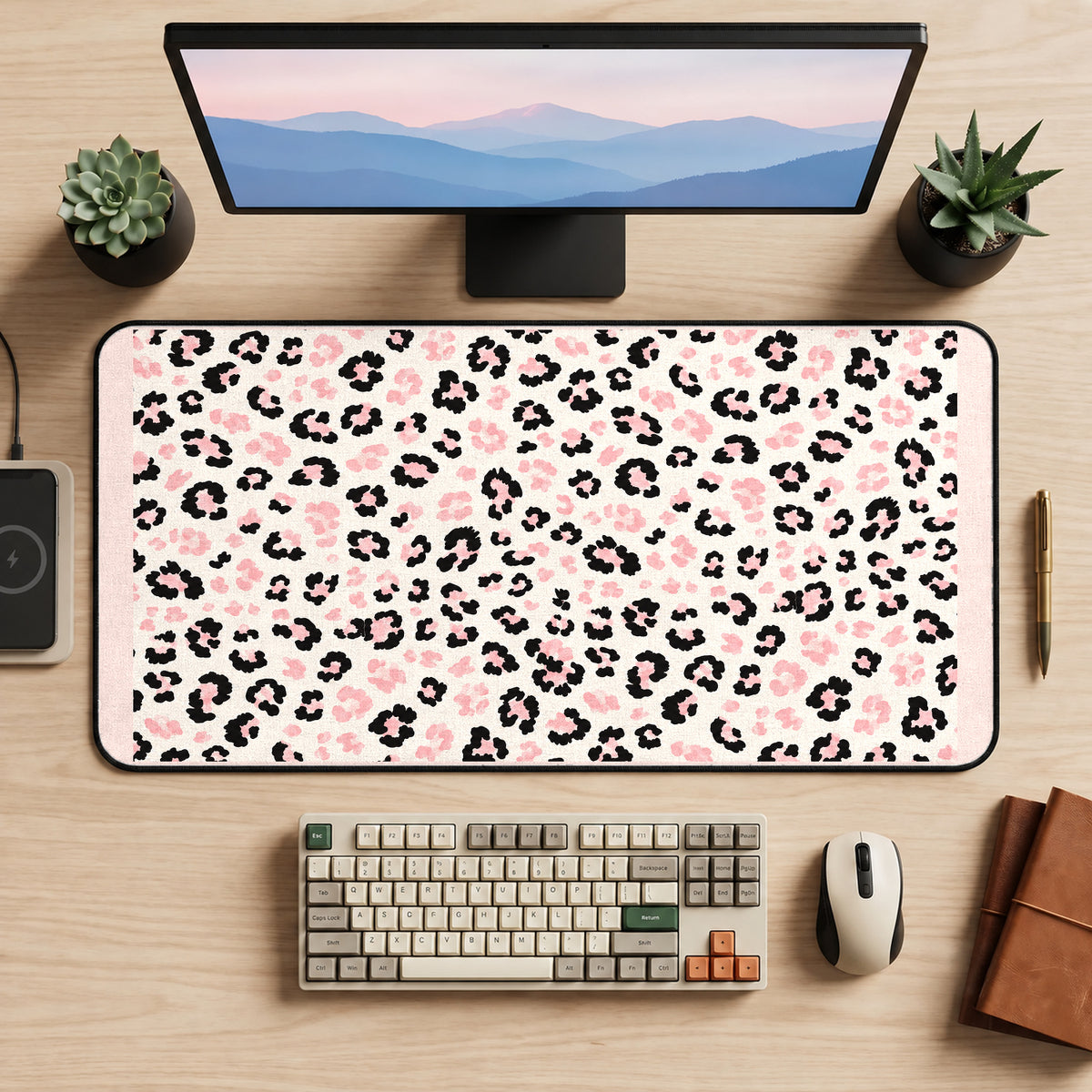 Pink and Black Leopard Spots desk mat — product mockup 2