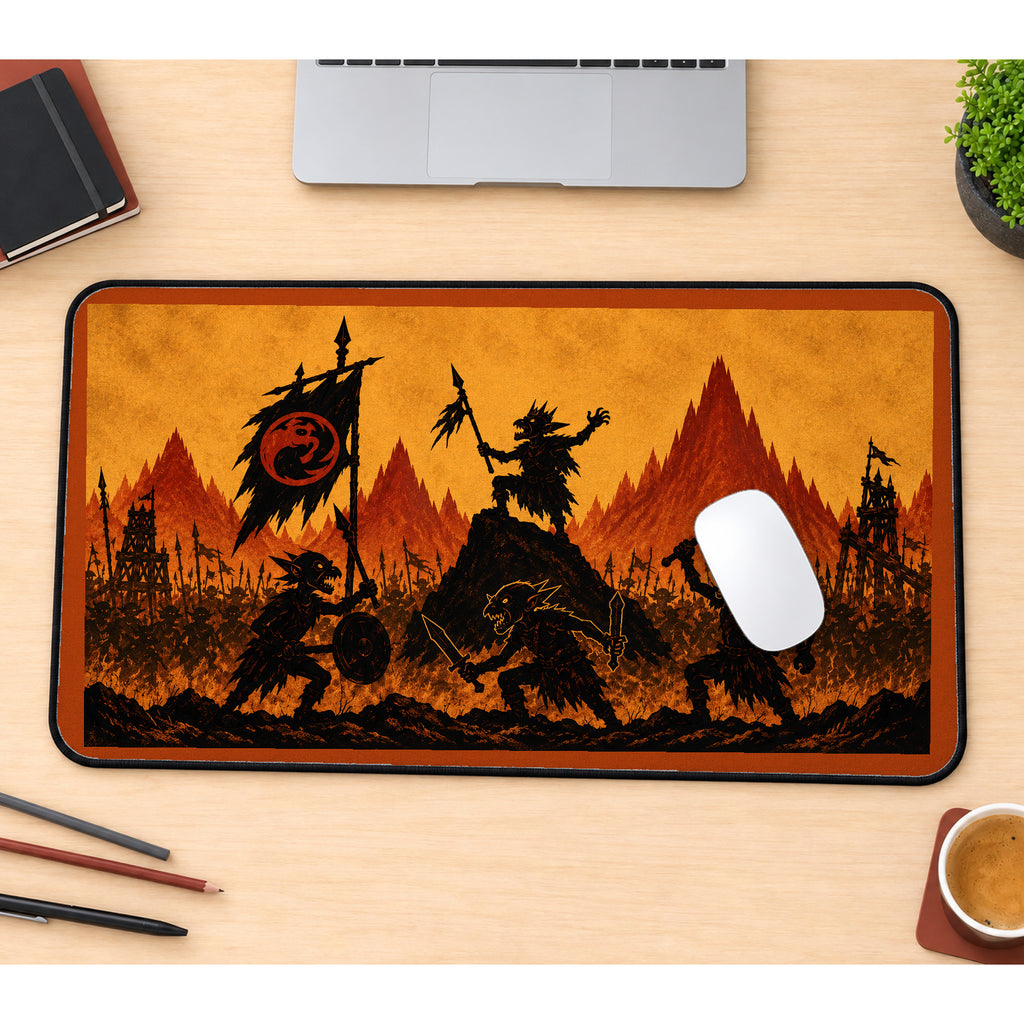 Goblin Horde beneath a Dragon Banner desk mat — product mockup 1