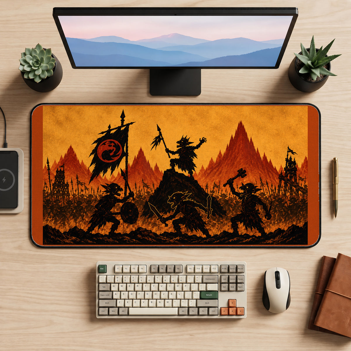Goblin Horde beneath a Dragon Banner desk mat — product mockup 2