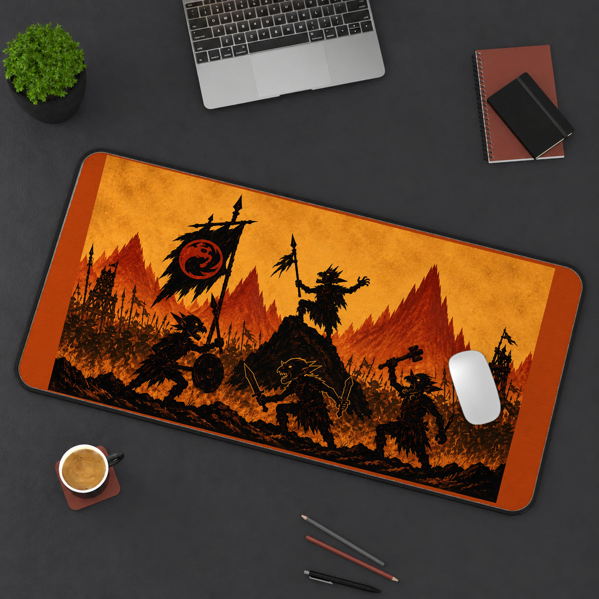 Goblin Horde beneath a Dragon Banner desk mat — product mockup 3