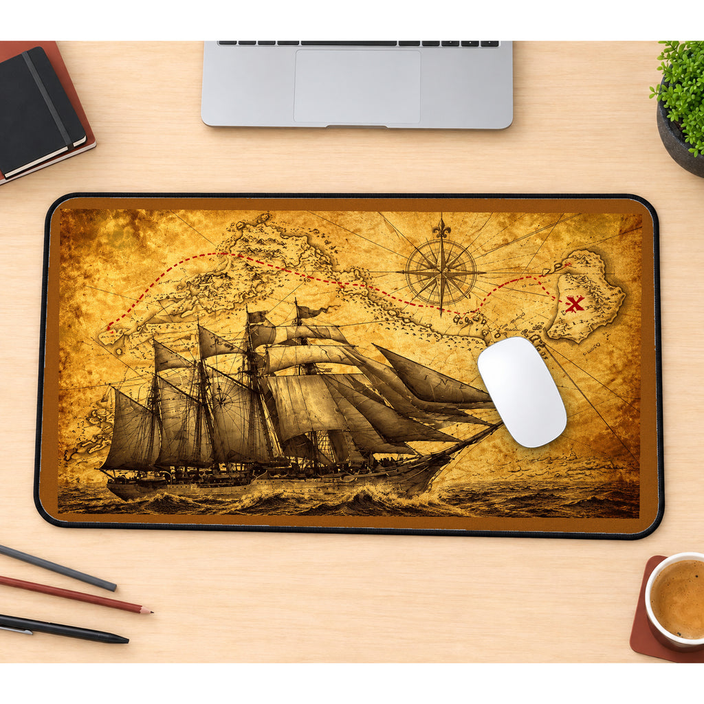 Sailing Ship over an Antique Map desk mat — product mockup 1