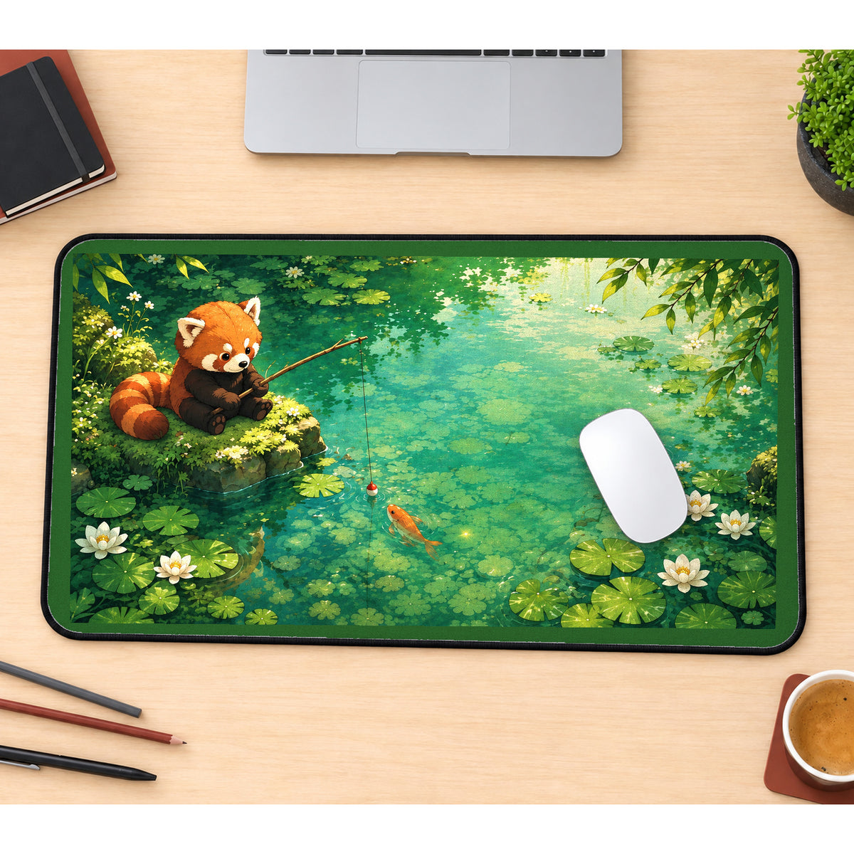 Red Panda Fishing in a Lily Pond desk mat — product mockup 1