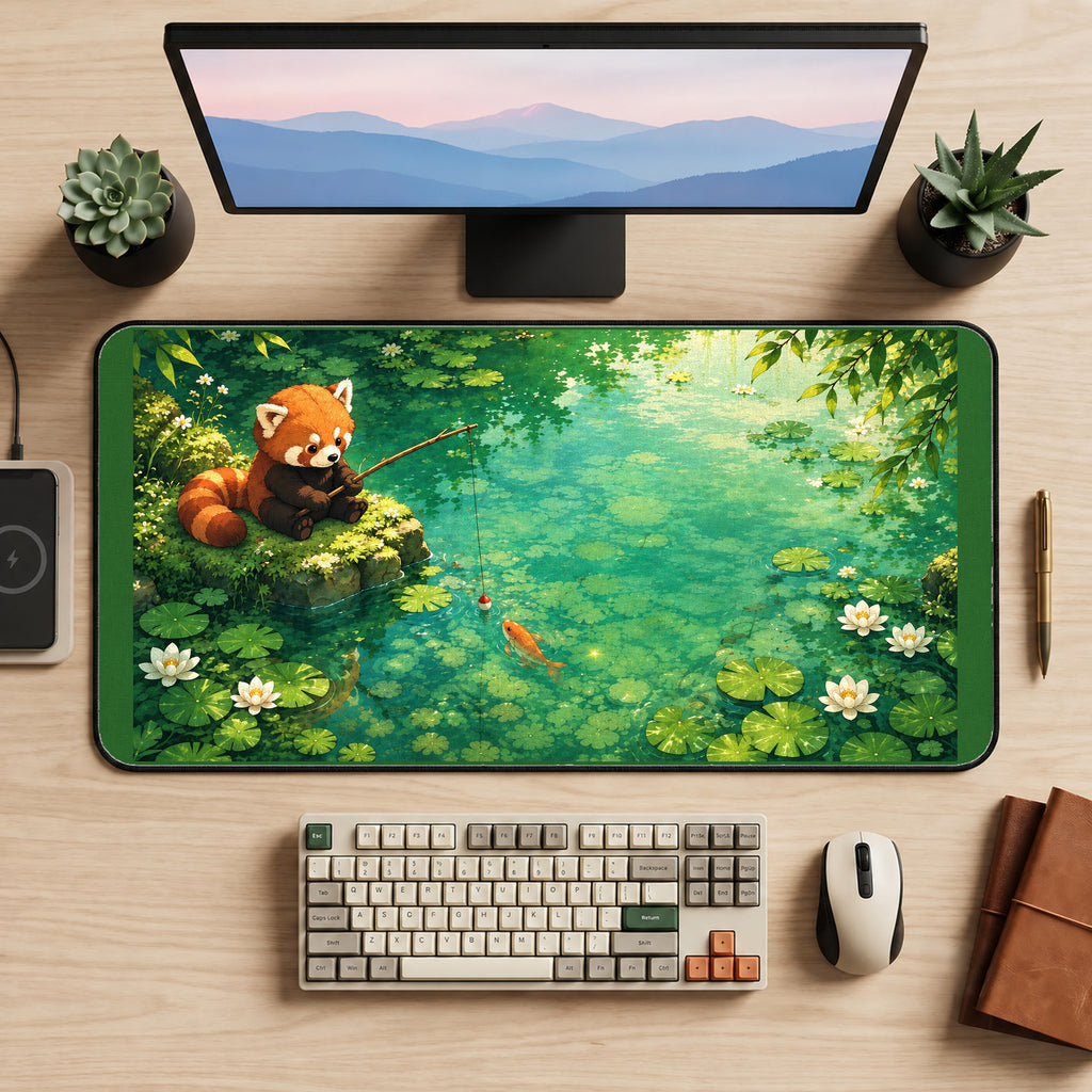 Red Panda Fishing in a Lily Pond desk mat — product mockup 2