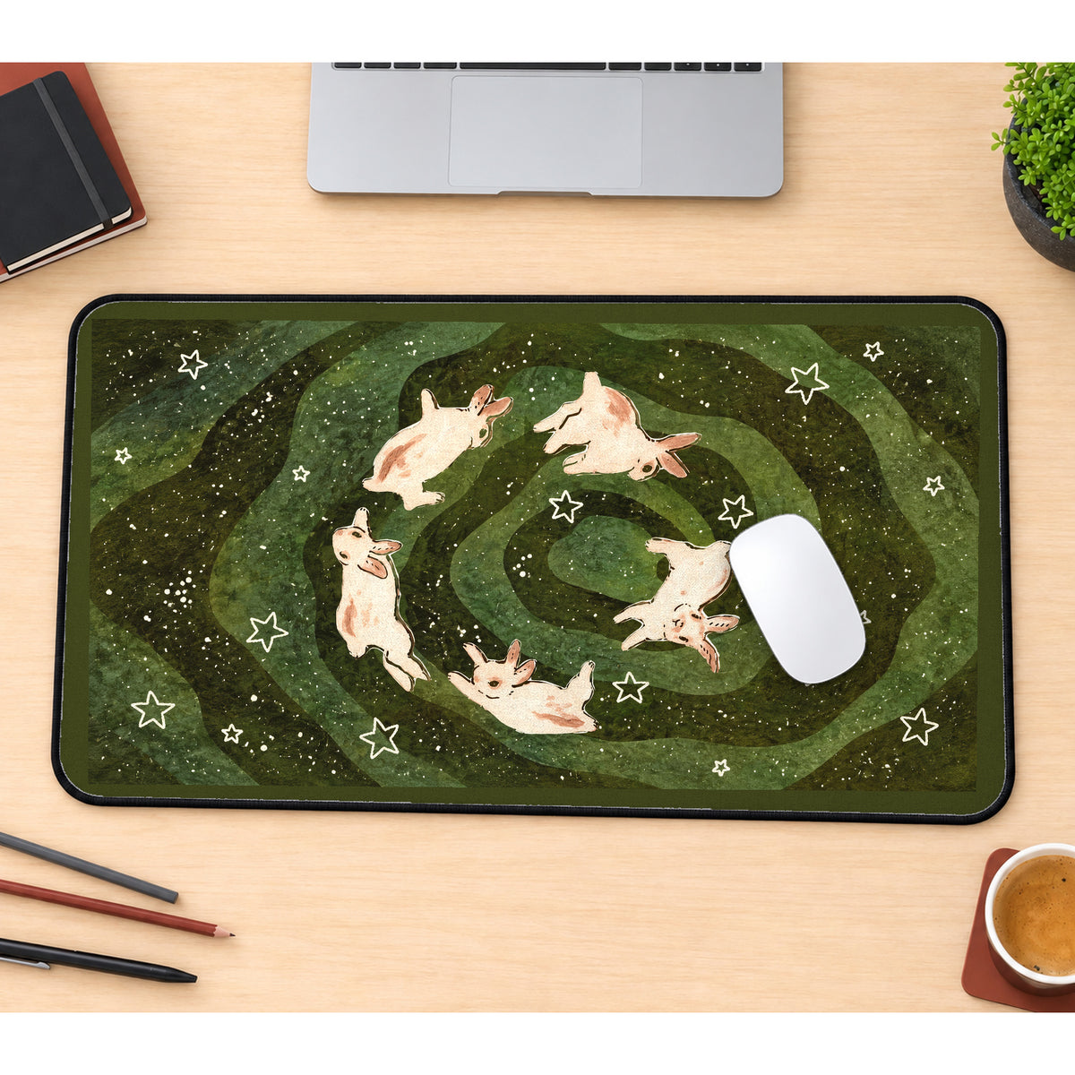 White Bunnies in a Starry Spiral desk mat — product mockup 1