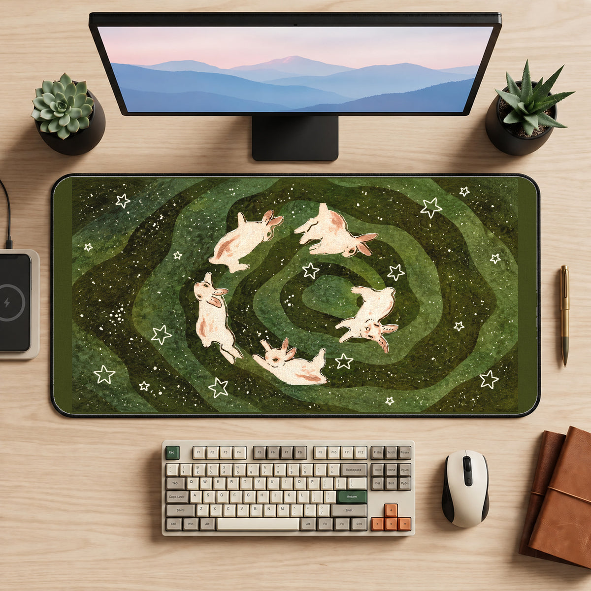 White Bunnies in a Starry Spiral desk mat — product mockup 2