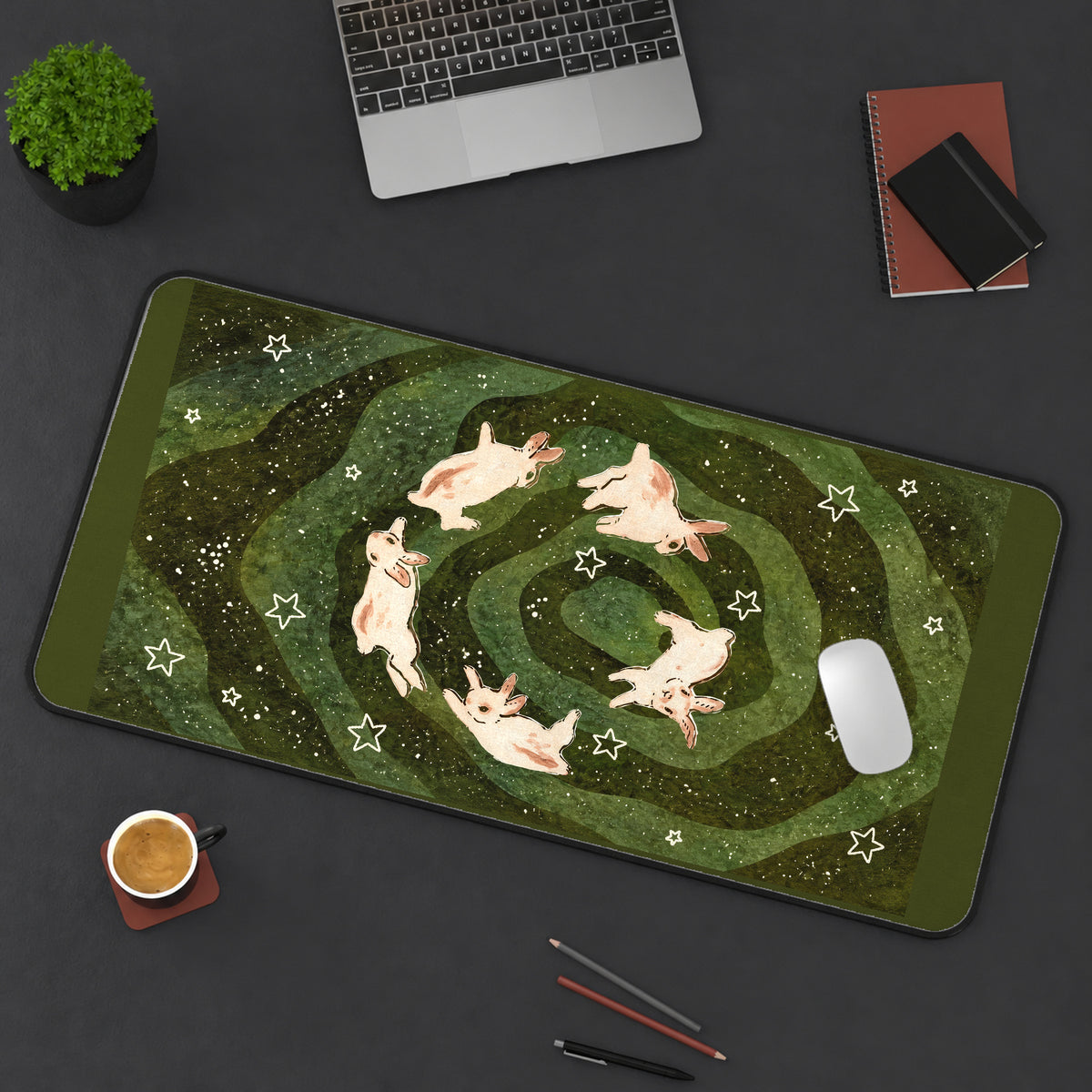 White Bunnies in a Starry Spiral desk mat — product mockup 3
