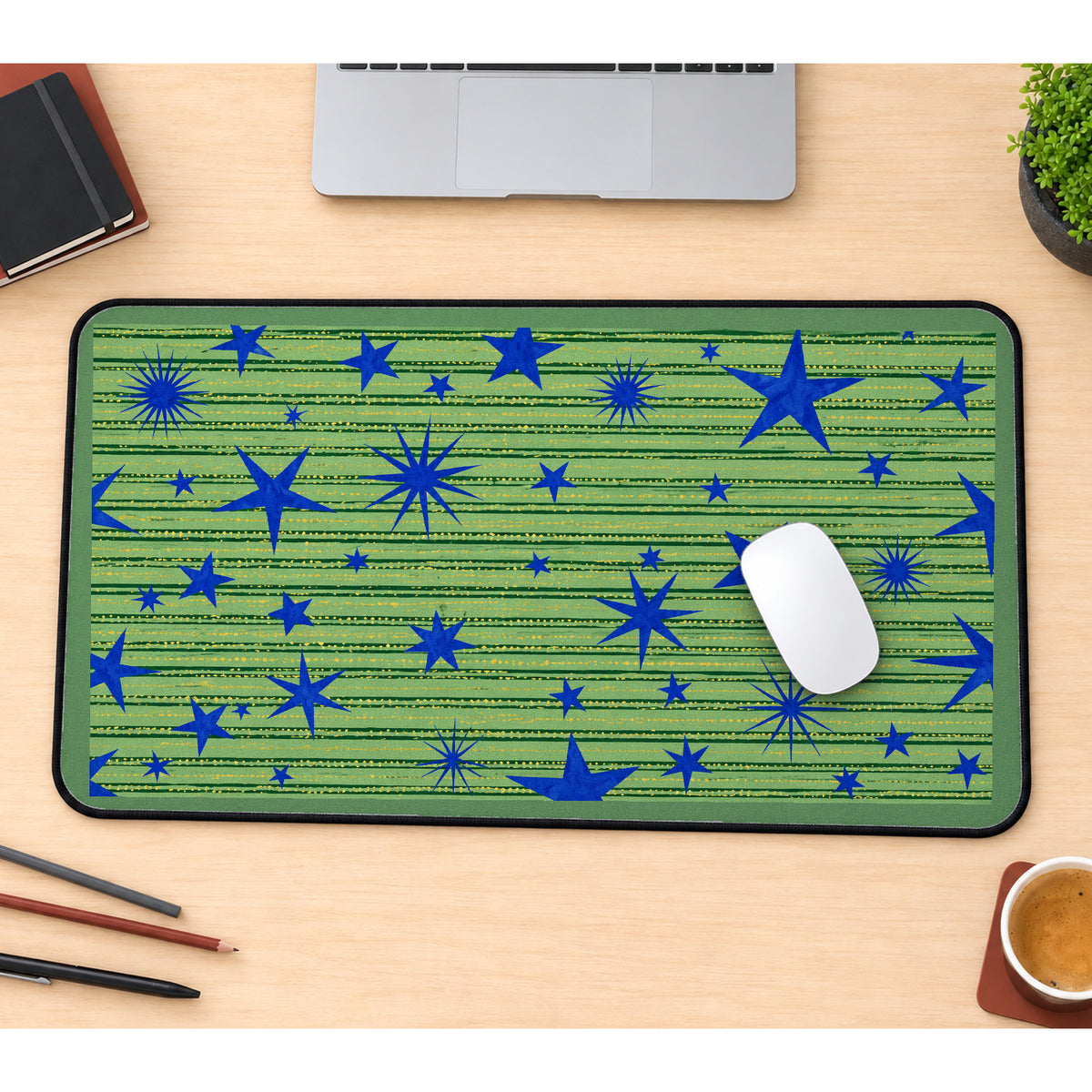 Blue Stars on Green Stripes desk mat — product mockup 1