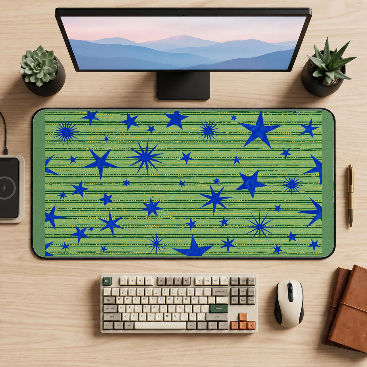 Blue Stars on Green Stripes desk mat — product mockup 2