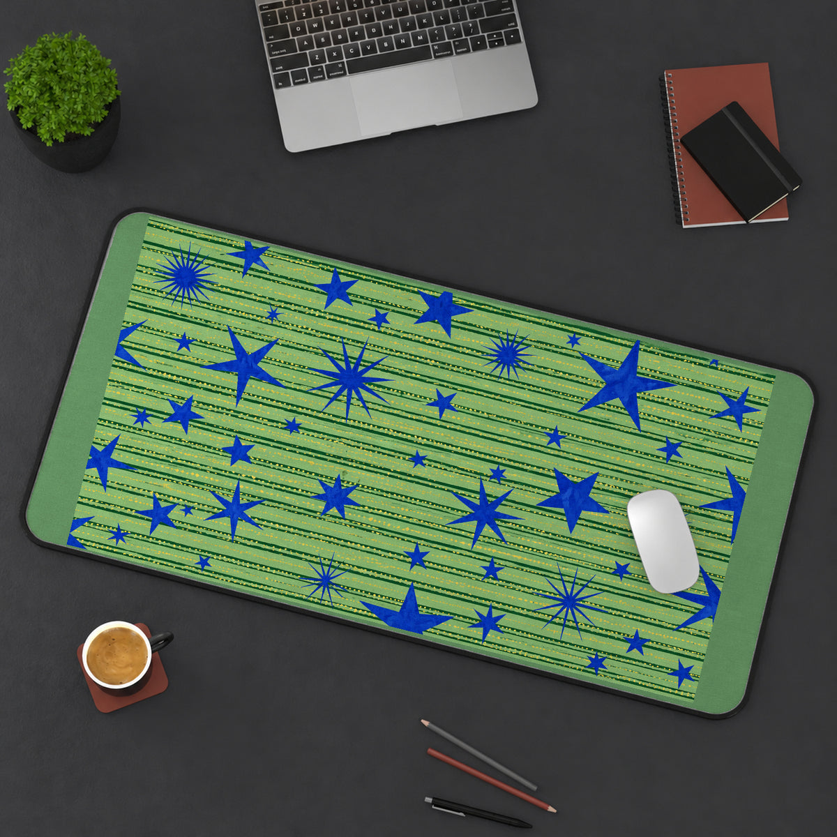 Blue Stars on Green Stripes desk mat — product mockup 3