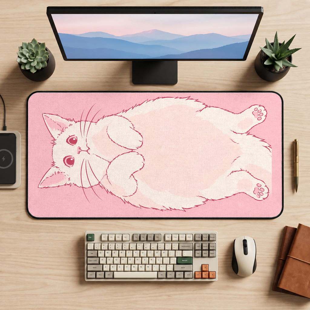 Pink Kitten with Raised Paws desk mat — product mockup 2
