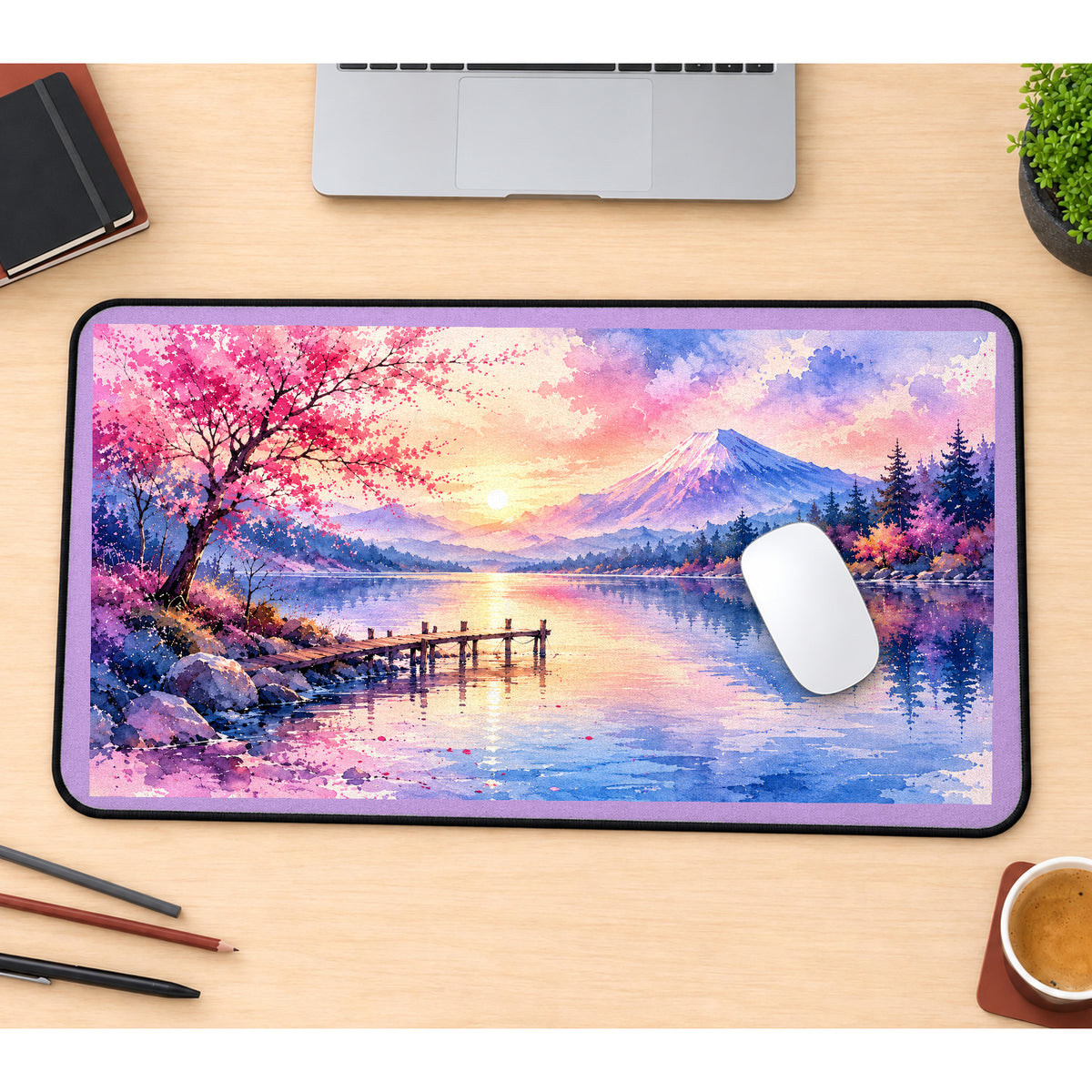Sakura Lake beneath Snowy Mountains desk mat — product mockup 1