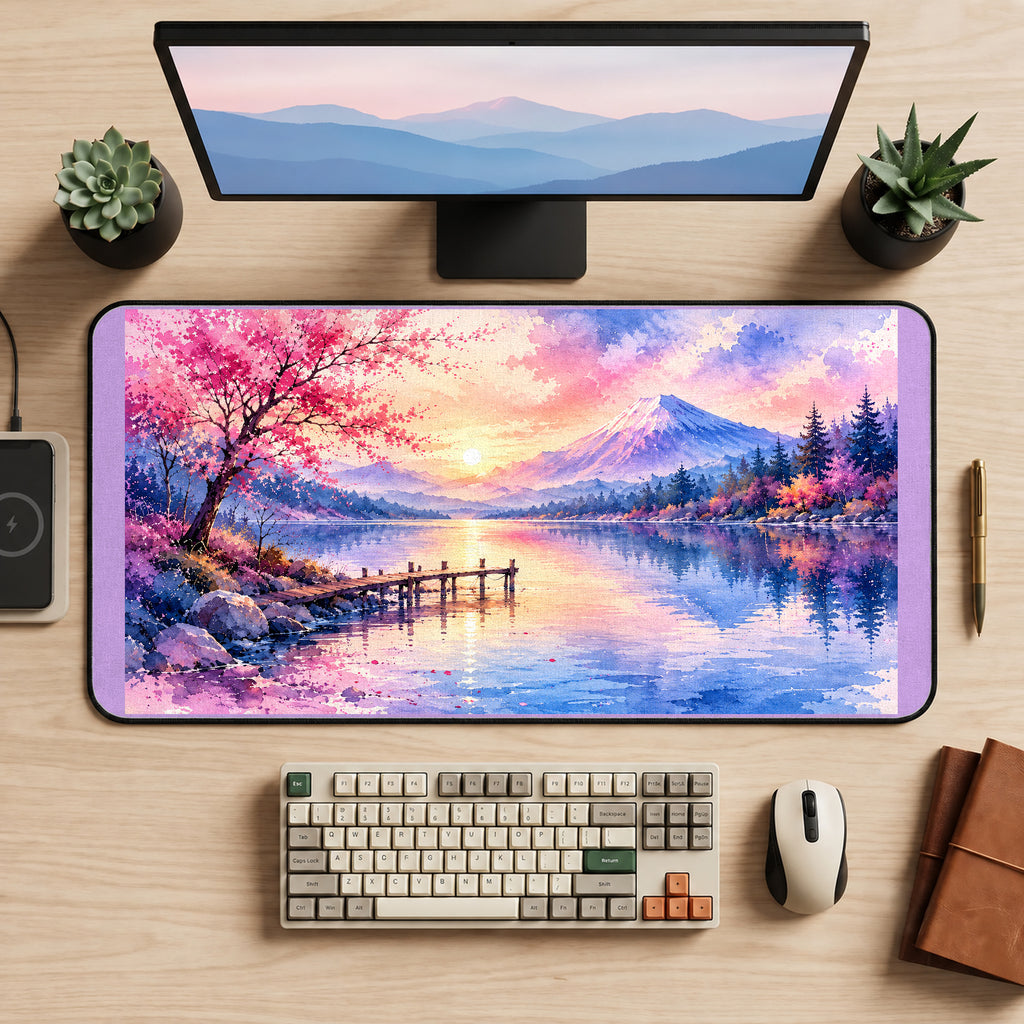 Sakura Lake beneath Snowy Mountains desk mat — product mockup 2