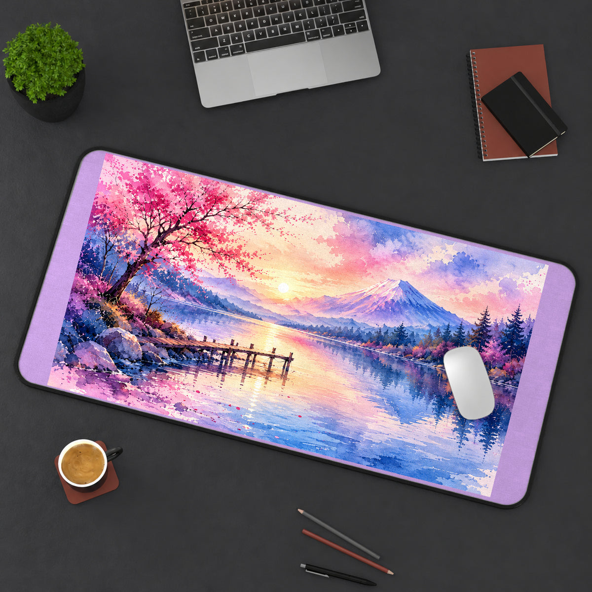 Sakura Lake beneath Snowy Mountains desk mat — product mockup 3