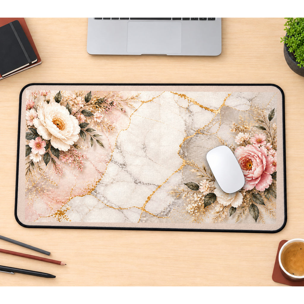 Peonies around Pale Marble Veins desk mat — product mockup 1
