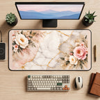 Peonies around Pale Marble Veins desk mat — product mockup 2