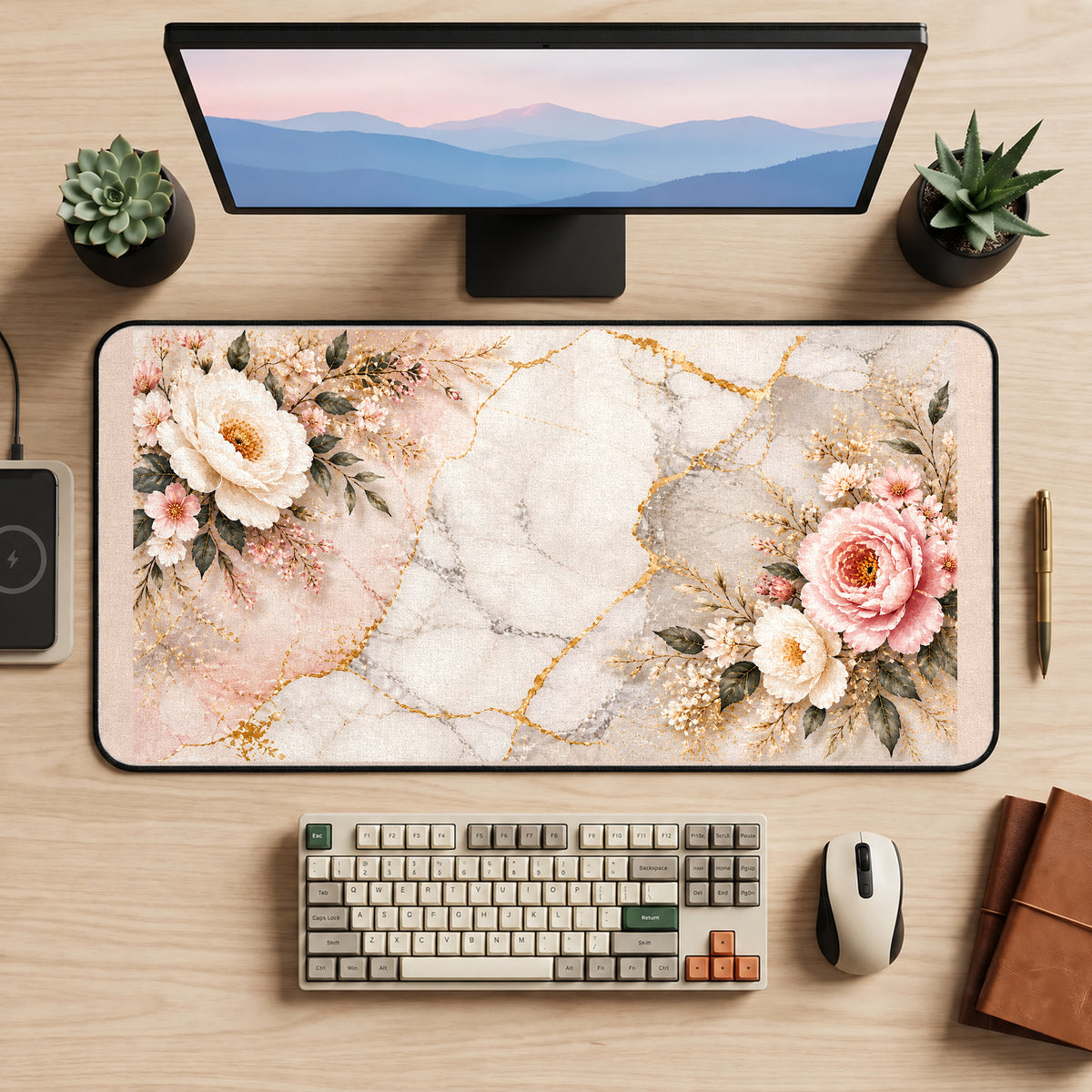 Peonies around Pale Marble Veins desk mat — product mockup 2