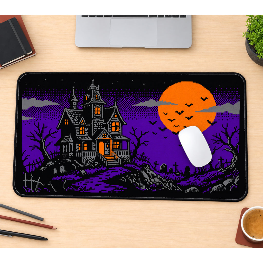 Pixel Haunted House and Orange Moon desk mat — product mockup 1